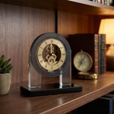 Horloge de Mécanisme Squelette Doré et Support Transparent