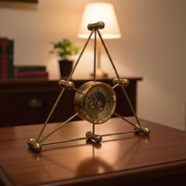 Horloge de Table "Pyramide" en Laiton – Design Géométrique à Mécanisme Apparent