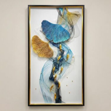 Tableau 3D "Rivière d'Or" – Art Mixte Ginkgo & Carpes