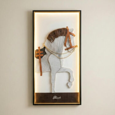 Tableau Cheval Lumineux – 160x80 – Sculpture 3D Cuir et Or