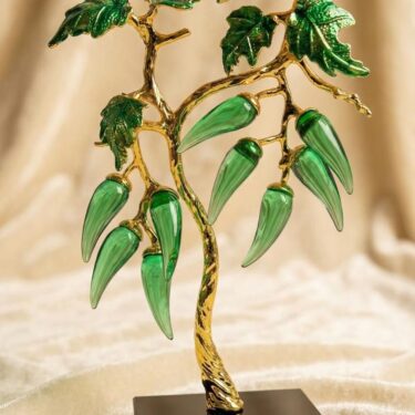 Sculpture Arbre de Piments Verts en Cristal Émaillé et Or