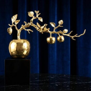 Sculpture Décorative Pommier d'Or "Abondance Royale" sur Socle Noir