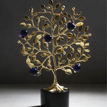 Sculpture "Arbre de Vie" Doré avec Fruits de Saphir Bleu