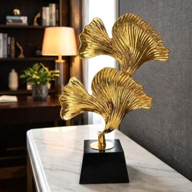 Sculpture "Duo de Ginkgo" en Or Poli sur Socle Noir