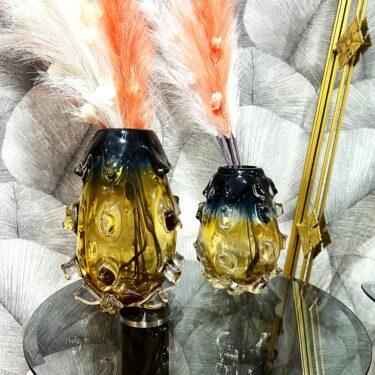 Set de 2 Vases en Verre Artisanal à Picots – Duo Ambré et Bleu Nuit