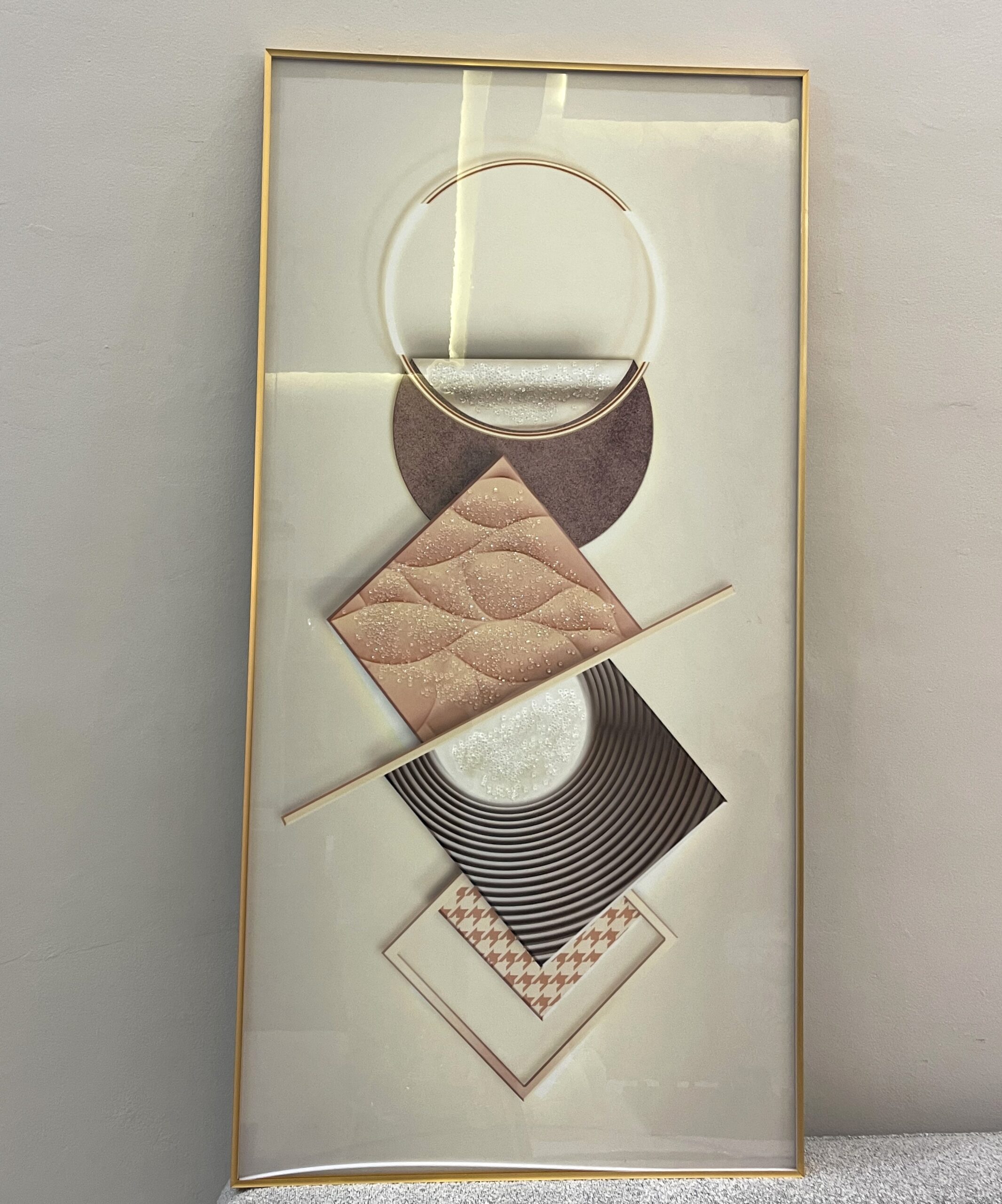 Grand Tableau 3D Vertical 160x80 cm - Décoration Murale Géométrique Nude, Beige et Doré avec Effet Cristaux